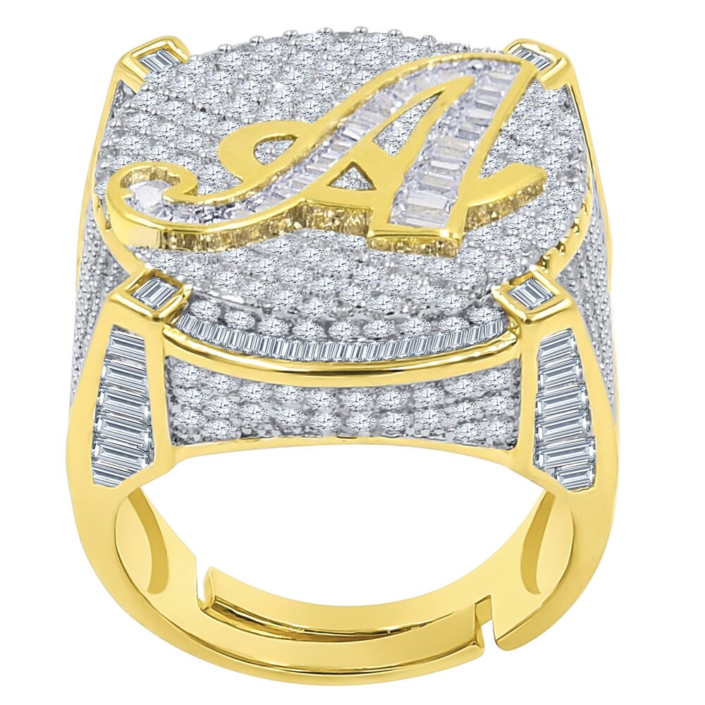 Men's 14K Yellow Gold Finish 2.00 Cwt. Baguette/Round Cut Simulated Diamond Initial Letters Alphabet Ring Band (Adjustable Size 10 Up To 12)