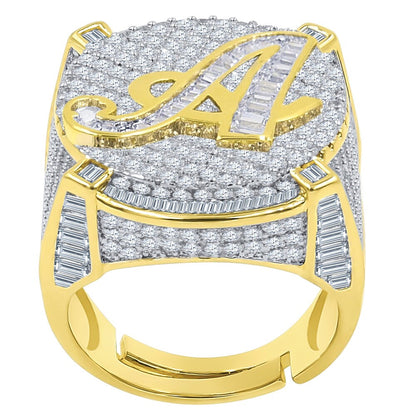 Men's 14K Yellow Gold Finish 2.00 Cwt. Baguette/Round Cut Simulated Diamond Initial Letters Alphabet Ring Band (Adjustable Size 10 Up To 12)