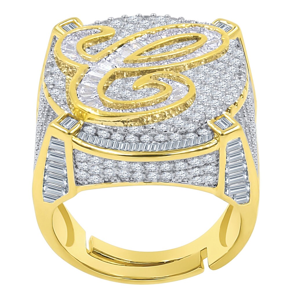 Men's 14K Yellow Gold Finish 2.00 Cwt. Baguette/Round Cut Simulated Diamond Initial Letters Alphabet Ring Band (Adjustable Size 10 Up To 12)
