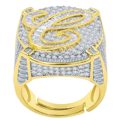 Men's 14K Yellow Gold Finish 2.00 Cwt. Baguette/Round Cut Simulated Diamond Initial Letters Alphabet Ring Band (Adjustable Size 10 Up To 12)