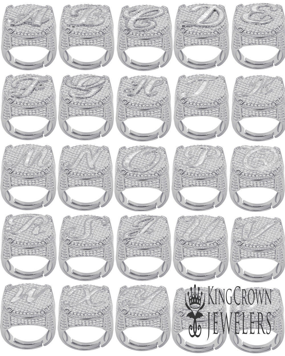 Men's 14K White Gold Finish 2.00 Cwt. Baguette/Round Cut Simulated Diamond Initial Letters Alphabet Ring Band (Adjustable Size 10 Up To 12)