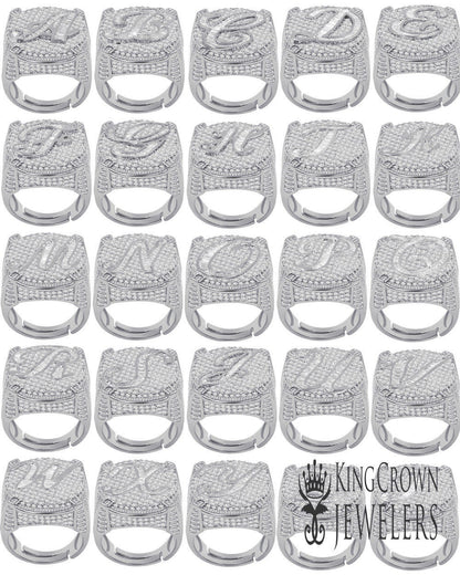 Men's 14K White Gold Finish 2.00 Cwt. Baguette/Round Cut Simulated Diamond Initial Letters Alphabet Ring Band (Adjustable Size 10 Up To 12)