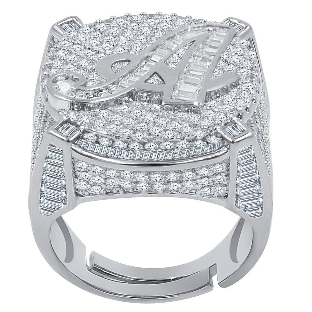 Men's 14K White Gold Finish 2.00 Cwt. Baguette/Round Cut Simulated Diamond Initial Letters Alphabet Ring Band (Adjustable Size 10 Up To 12)