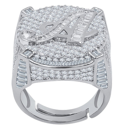 Men's 14K White Gold Finish 2.00 Cwt. Baguette/Round Cut Simulated Diamond Initial Letters Alphabet Ring Band (Adjustable Size 10 Up To 12)