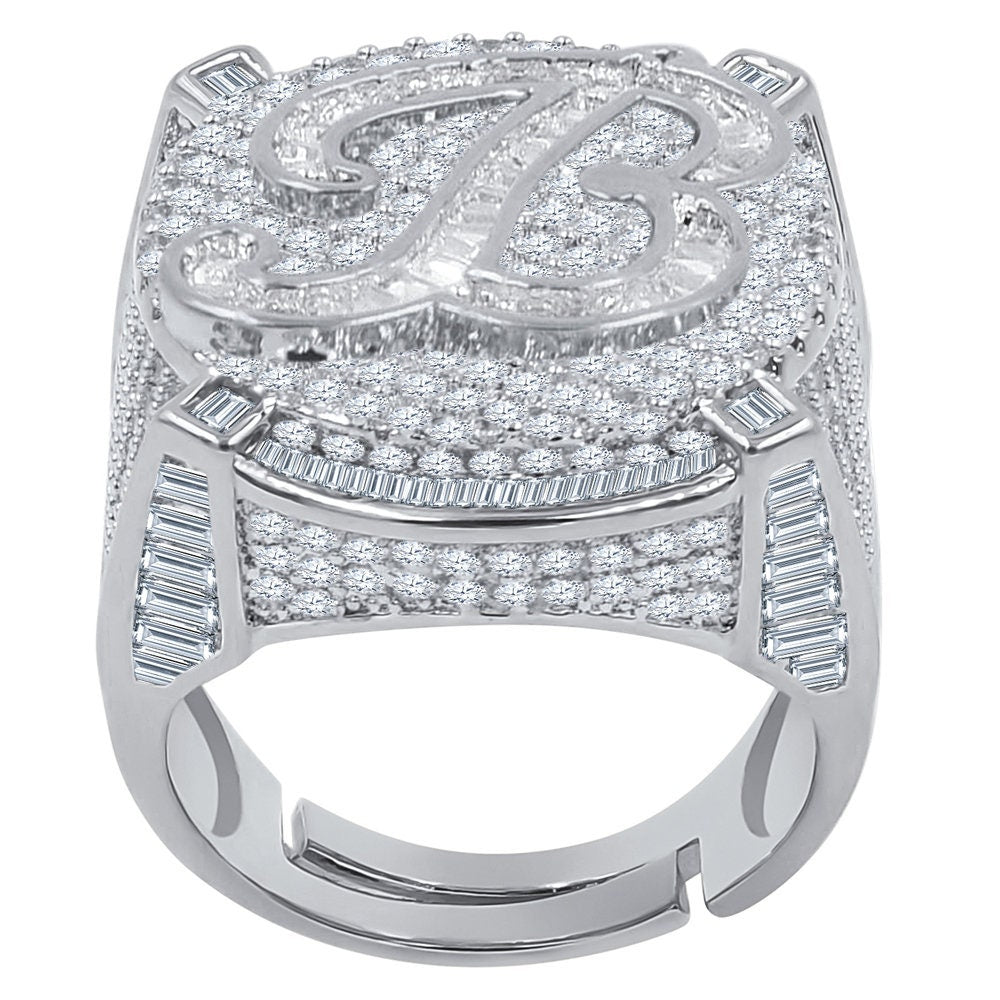 Men's 14K White Gold Finish 2.00 Cwt. Baguette/Round Cut Simulated Diamond Initial Letters Alphabet Ring Band (Adjustable Size 10 Up To 12)