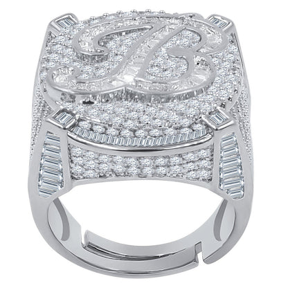Men's 14K White Gold Finish 2.00 Cwt. Baguette/Round Cut Simulated Diamond Initial Letters Alphabet Ring Band (Adjustable Size 10 Up To 12)