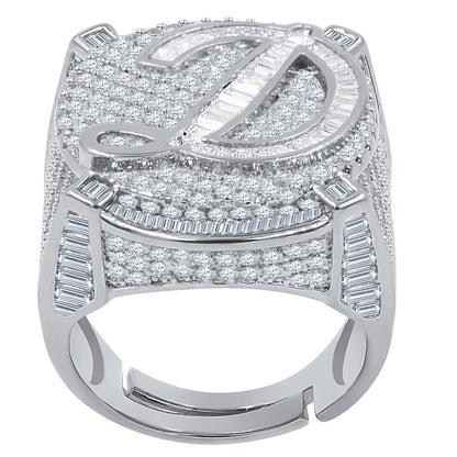 Men's 14K White Gold Finish 2.00 Cwt. Baguette/Round Cut Simulated Diamond Initial Letters Alphabet Ring Band (Adjustable Size 10 Up To 12)