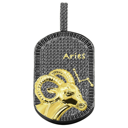 14K Gold Finish Gold Tone Black Baguette/Round Cut Simulated Diamond Zodiac Sign Custom Men's Dog Tag Pendant Charm Chain Neckless Set 2''