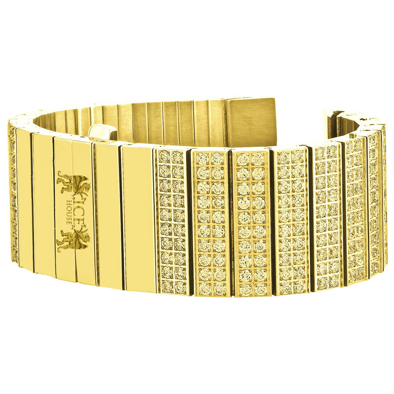 Yellow Canary Men's 133+ Grams Solid Stainless Steel 18K Gold Finish CNC Set 18.00 Cwt. Simulated Diamond Custom Watch Band 24mm