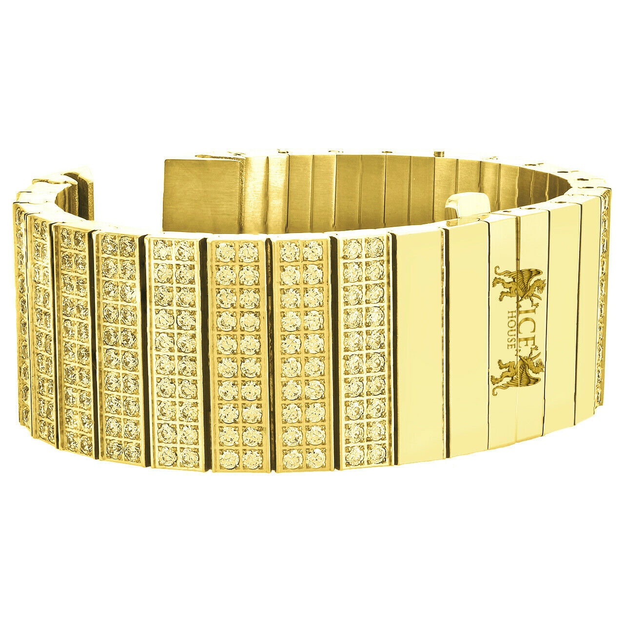 Yellow Canary Men's 133+ Grams Solid Stainless Steel 18K Gold Finish CNC Set 18.00 Cwt. Simulated Diamond Custom Watch Band 24mm