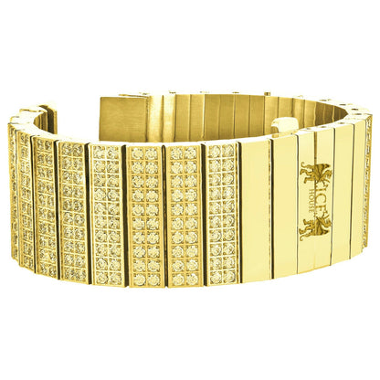 Yellow Canary Men's 133+ Grams Solid Stainless Steel 18K Gold Finish CNC Set 18.00 Cwt. Simulated Diamond Custom Watch Band 24mm