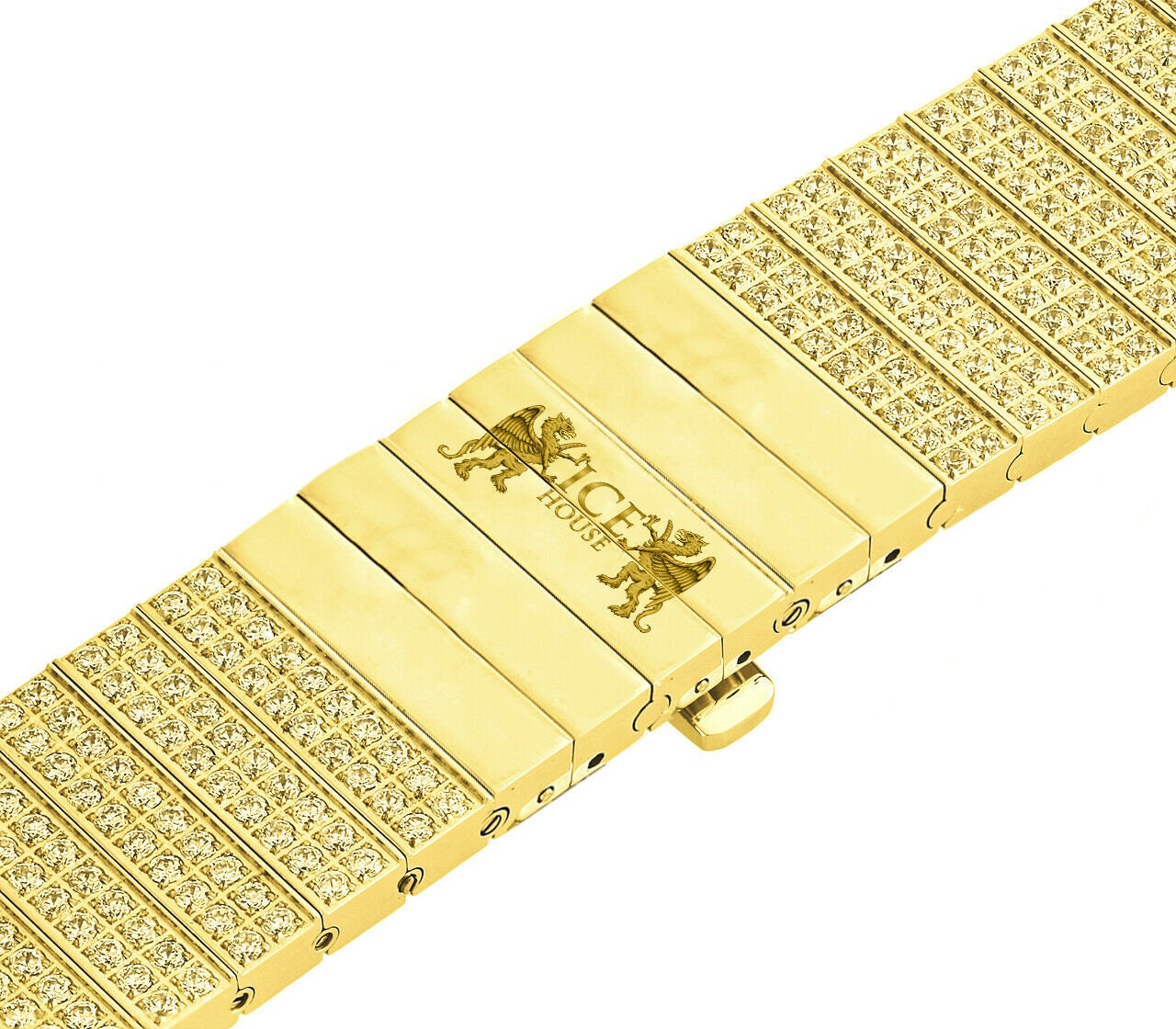 Yellow Canary Men's 133+ Grams Solid Stainless Steel 18K Gold Finish CNC Set 18.00 Cwt. Simulated Diamond Custom Watch Band 24mm