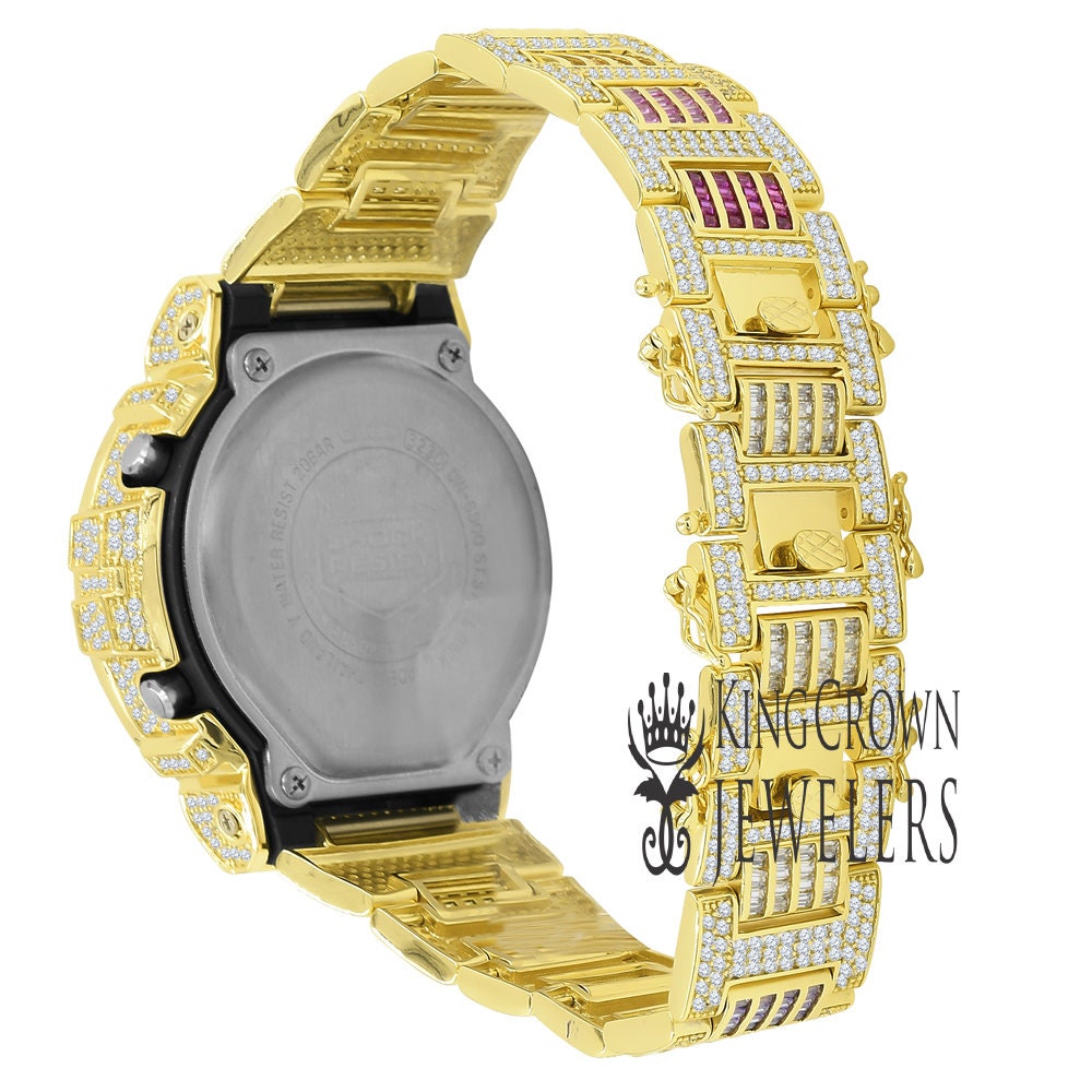 Adjustable Size Watch Baguette Round Cut Diamonds Rainbow Multi Tone Authentic Custom Casio G-Shock DW6900 Mens Yellow Gold Finish