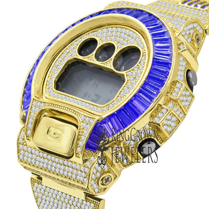 Adjustable Watch Baguette Diamonds Mens Blue Sapphire Solitaire Authentic Custom Casio G-Shock DW6900 Yellow Gold Finish