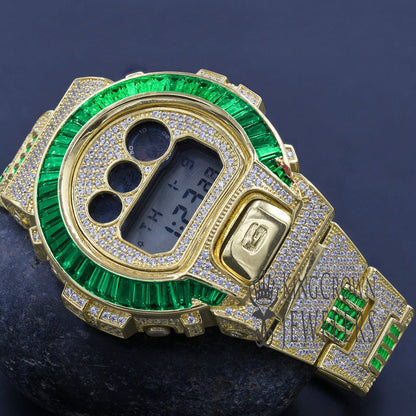 Adjustable Watch Baguette Emerald Green Authentic Custom Casio G-Shock DW6900 Mens Yellow Gold Finish Simulated Diamonds
