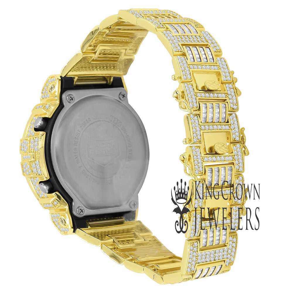 Baguette Bezel Band Real Authentic Custom Casio G-Shock DW6900 Mens Adjustable Watch Yellow Gold Finish Simulated Diamonds