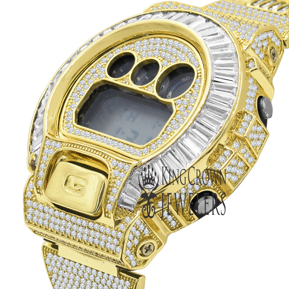 Baguette Bezel Band Real Authentic Custom Casio G-Shock DW6900 Mens Adjustable Watch Yellow Gold Finish Simulated Diamonds
