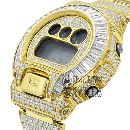 Baguette Bezel Band Real Authentic Custom Casio G-Shock DW6900 Mens Adjustable Watch Yellow Gold Finish Simulated Diamonds