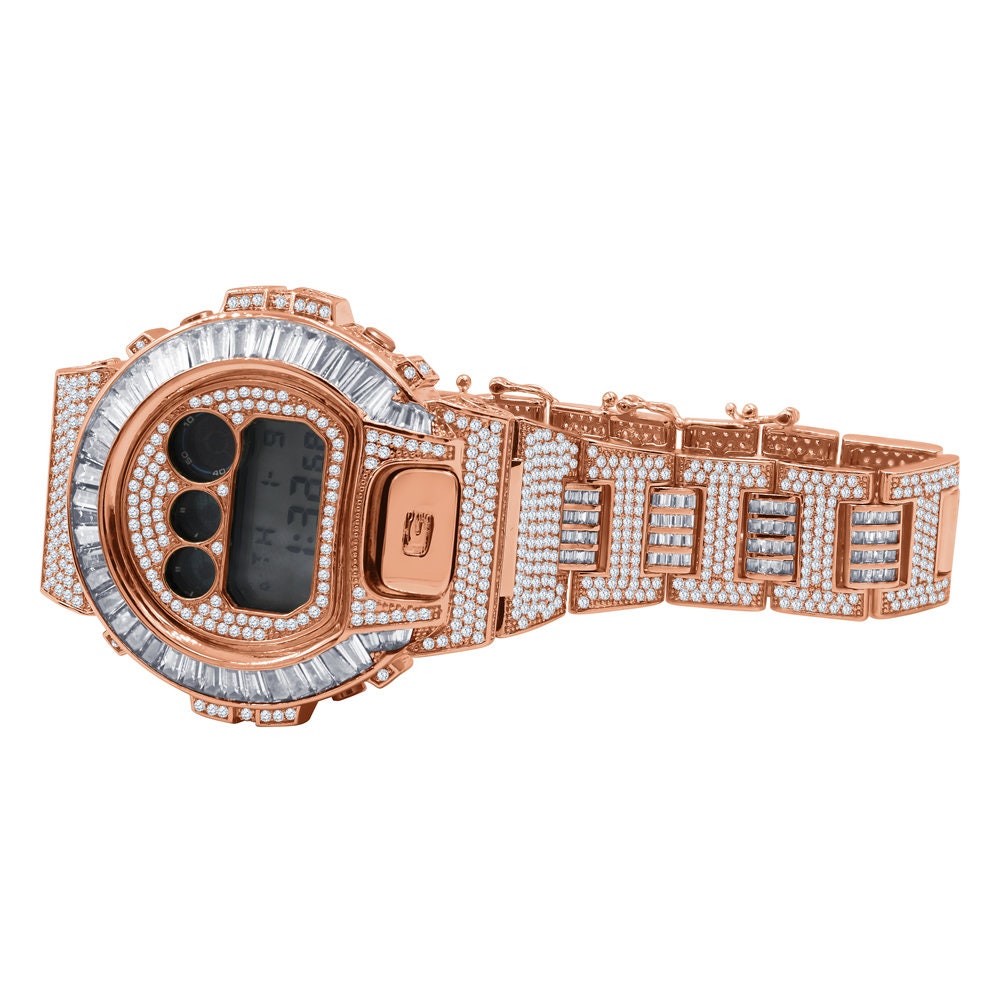 Rose Gold Finish Baguette  Bezel & Band Real Authentic Custom Casio G-Shock DW6900 Mens Adjustable Size Watch Simulated Diamonds