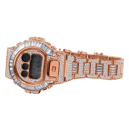 Rose Gold Finish Baguette  Bezel & Band Real Authentic Custom Casio G-Shock DW6900 Mens Adjustable Size Watch Simulated Diamonds