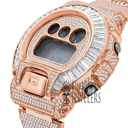 Rose Gold Finish Baguette  Bezel & Band Real Authentic Custom Casio G-Shock DW6900 Mens Adjustable Size Watch Simulated Diamonds