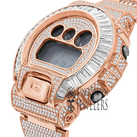 Rose Gold Finish Baguette  Bezel & Band Real Authentic Custom Casio G-Shock DW6900 Mens Adjustable Size Watch Simulated Diamonds