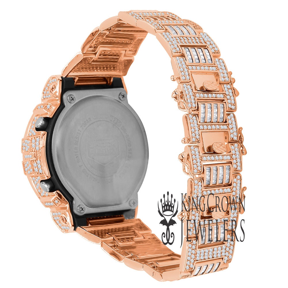 Rose Gold Finish Baguette  Bezel & Band Real Authentic Custom Casio G-Shock DW6900 Mens Adjustable Size Watch Simulated Diamonds