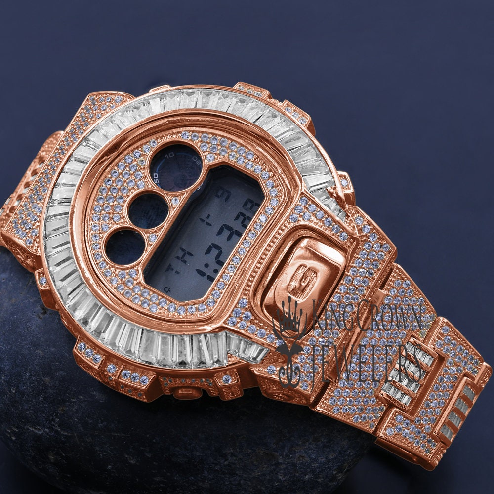 Rose Gold Finish Baguette  Bezel & Band Real Authentic Custom Casio G-Shock DW6900 Mens Adjustable Size Watch Simulated Diamonds