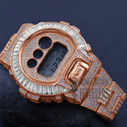 Rose Gold Finish Baguette  Bezel & Band Real Authentic Custom Casio G-Shock DW6900 Mens Adjustable Size Watch Simulated Diamonds