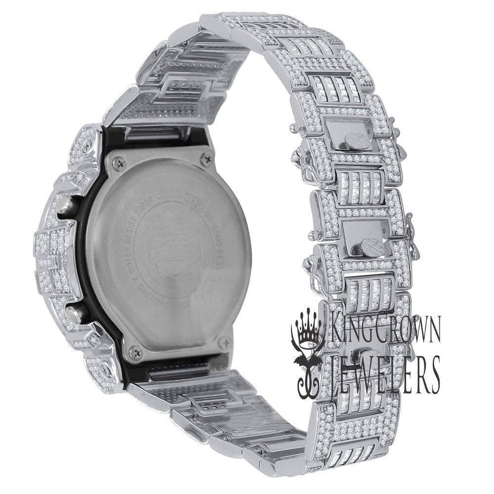 Baguette White Gold Finish Real Authentic Custom Casio G-Shock DW6900 Mens Adjustable Size Watch Simulated Diamonds