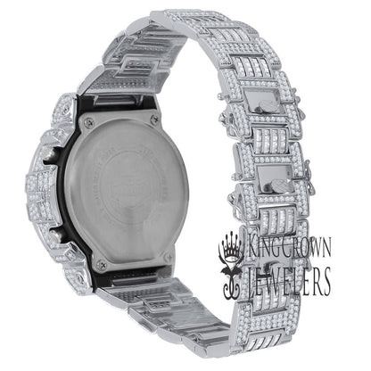 Baguette White Gold Finish Real Authentic Custom Casio G-Shock DW6900 Mens Adjustable Size Watch Simulated Diamonds