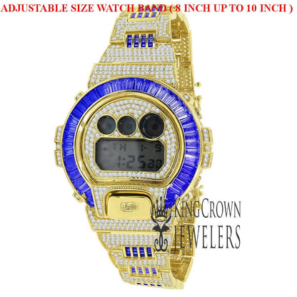 Adjustable Watch Baguette Diamonds Mens Blue Sapphire Solitaire Authentic Custom Casio G-Shock DW6900 Yellow Gold Finish