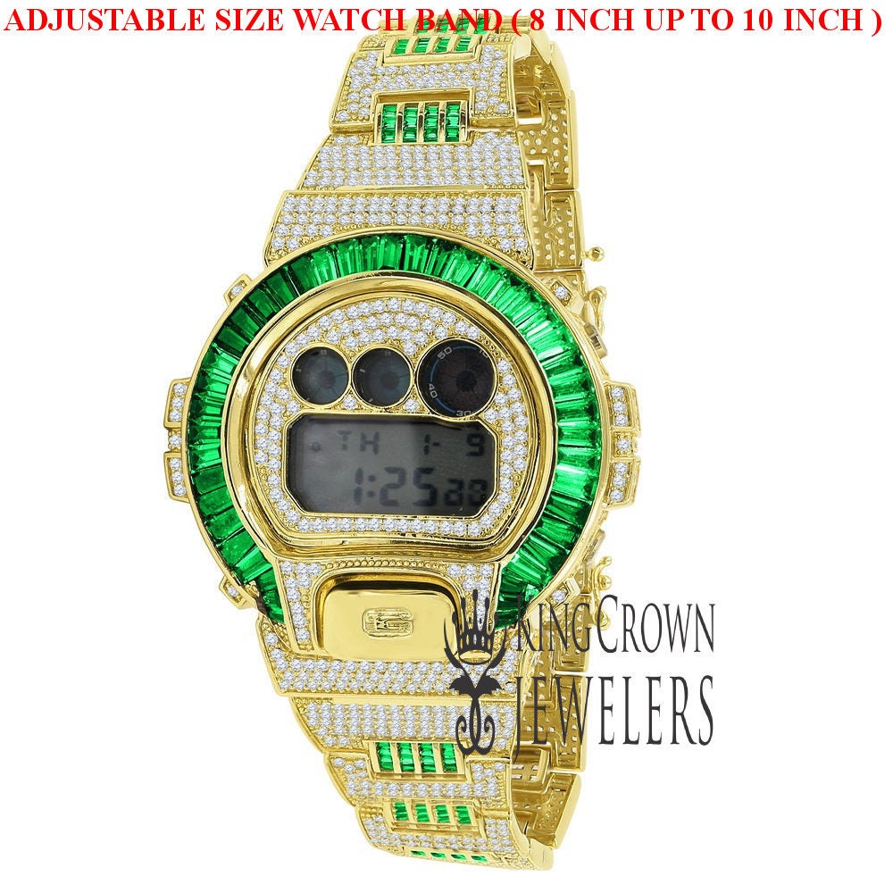 Adjustable Watch Baguette Emerald Green Authentic Custom Casio G-Shock DW6900 Mens Yellow Gold Finish Simulated Diamonds