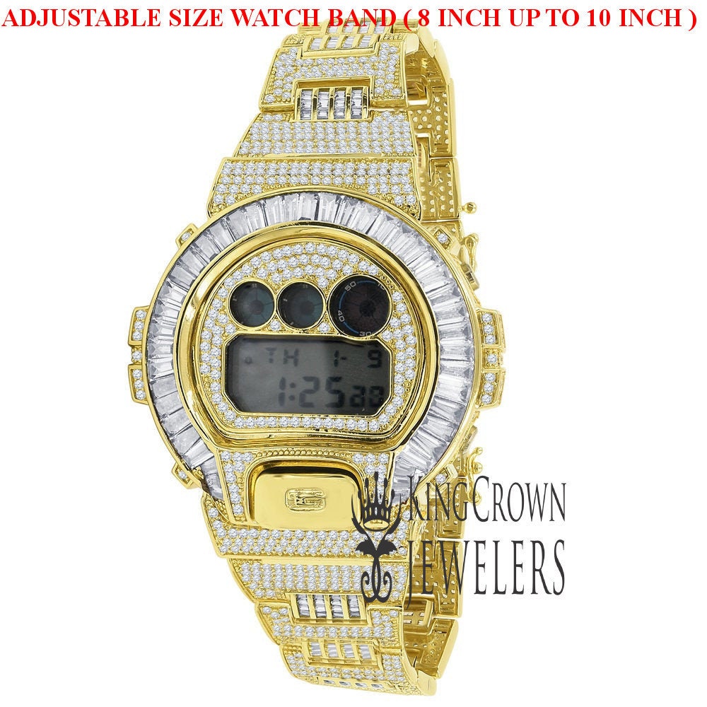 Baguette Bezel Band Real Authentic Custom Casio G-Shock DW6900 Mens Adjustable Watch Yellow Gold Finish Simulated Diamonds