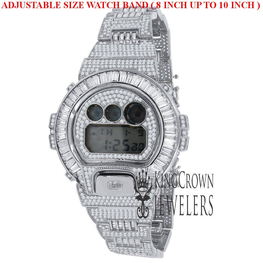 Baguette White Gold Finish Real Authentic Custom Casio G-Shock DW6900 Mens Adjustable Size Watch Simulated Diamonds