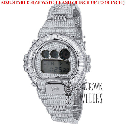 Baguette White Gold Finish Real Authentic Custom Casio G-Shock DW6900 Mens Adjustable Size Watch Simulated Diamonds