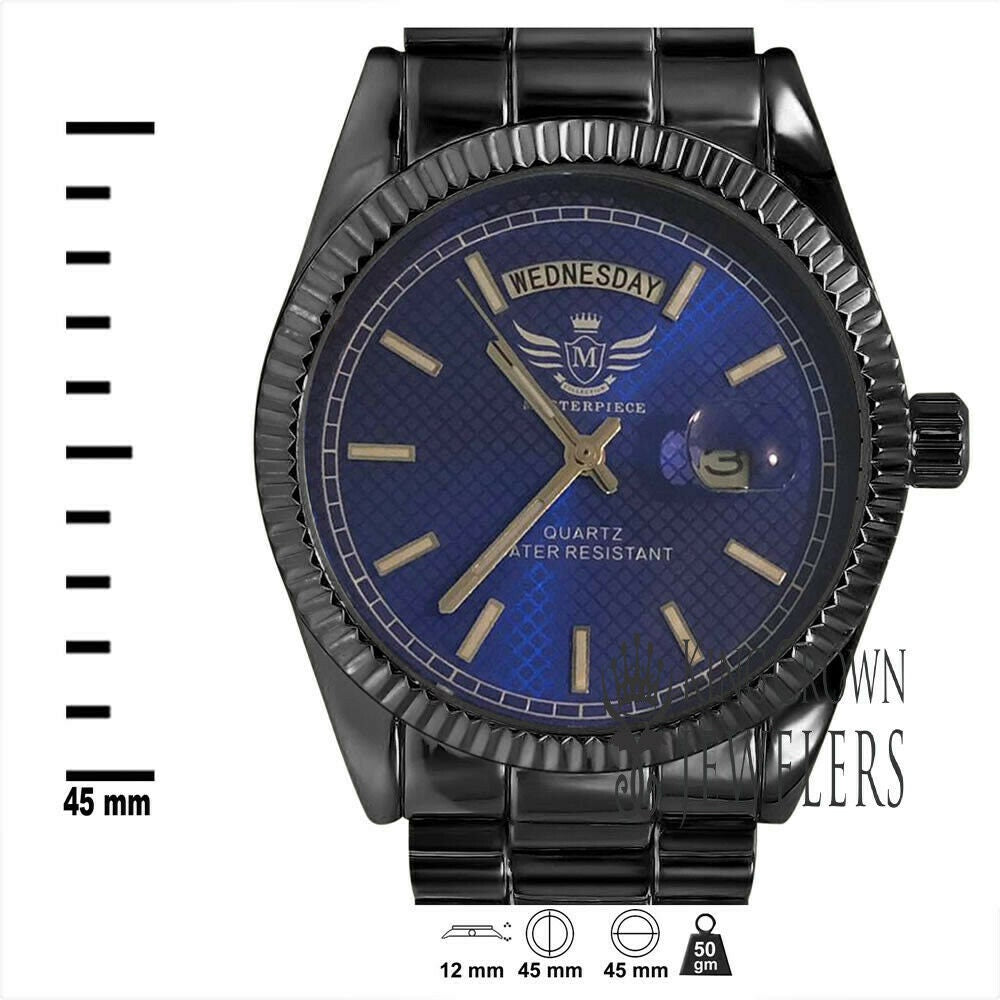 Mens Blue Dial Face 14K Black Gold Tone Day/Date Function Solid Steel Back Water Resistance Metal Band Watch