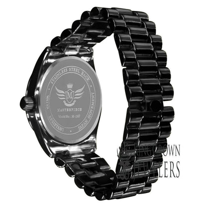 Mens Blue Dial Face 14K Black Gold Tone Day/Date Function Solid Steel Back Water Resistance Metal Band Watch
