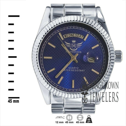 Mens Blue Dial Face 14K White Gold Tone Day/Date Function Solid Steel Back Water Resistance Metal Band Watch