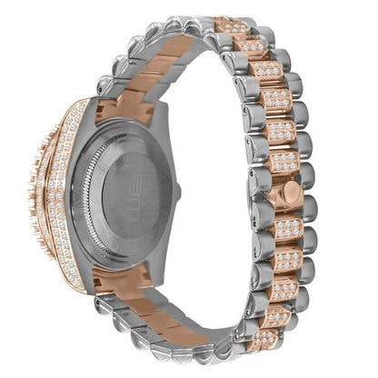 18K Rose Gold Tone Solid Full Stainless Steel Simulated Diamonds Presidential Roman Numeral Dial Watch 41mm W/Date