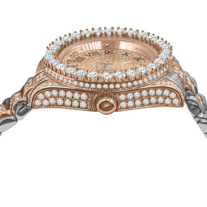 18K Rose Gold Tone Solid Full Stainless Steel Simulated Diamonds Presidential Roman Numeral Dial Watch 41mm W/Date