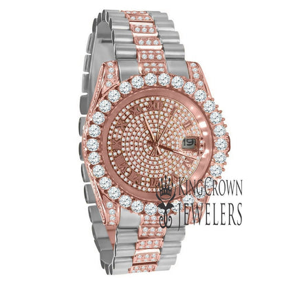 18K Rose Gold Tone Solid Full Stainless Steel Simulated Diamonds Presidential Roman Numeral Dial Watch 41mm W/Date