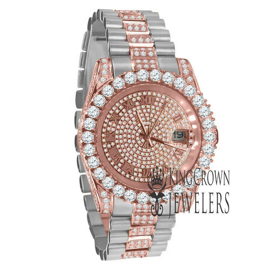 18K Rose Gold Tone Solid Full Stainless Steel Simulated Diamonds Presidential Roman Numeral Dial Watch 41mm W/Date
