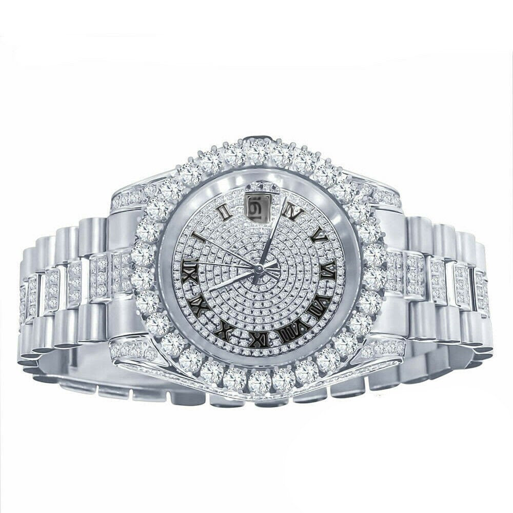 18K White Gold Tone Solid Full Stainless Steel Simulated Diamonds Presidential Roman Numeral Dial Watch 41mm W/Date