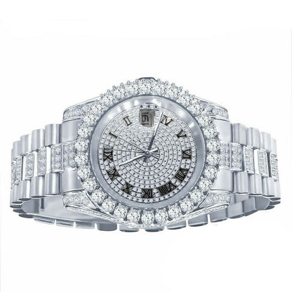 18K White Gold Tone Solid Full Stainless Steel Simulated Diamonds Presidential Roman Numeral Dial Watch 41mm W/Date