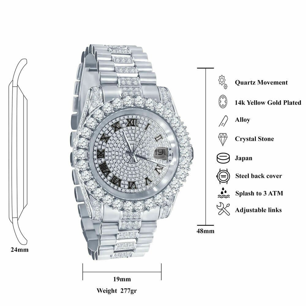 18K White Gold Tone Solid Full Stainless Steel Simulated Diamonds Presidential Roman Numeral Dial Watch 41mm W/Date