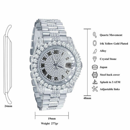 18K White Gold Tone Solid Full Stainless Steel Simulated Diamonds Presidential Roman Numeral Dial Watch 41mm W/Date