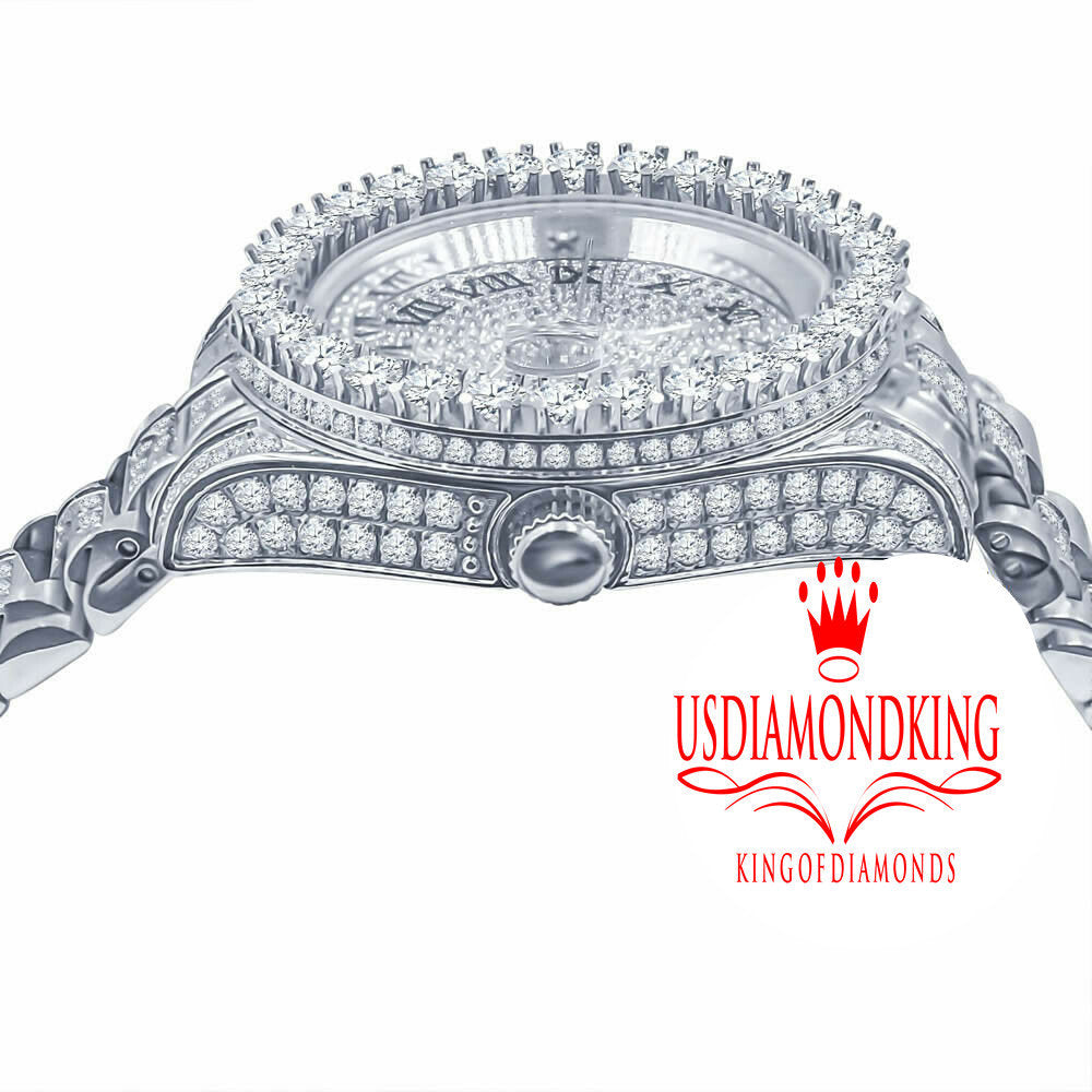 18K White Gold Tone Solid Full Stainless Steel Simulated Diamonds Presidential Roman Numeral Dial Watch 41mm W/Date