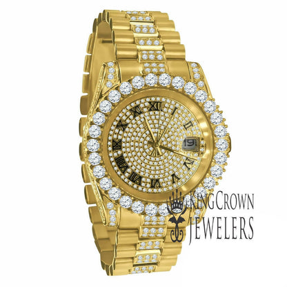 18K Yellow Gold Tone Solid Full Stainless Steel Simulated Diamonds Presidential Roman Numeral Dial Watch 41mm W/Date