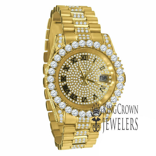 18K Yellow Gold Tone Solid Full Stainless Steel Simulated Diamonds Presidential Roman Numeral Dial Watch 41mm W/Date